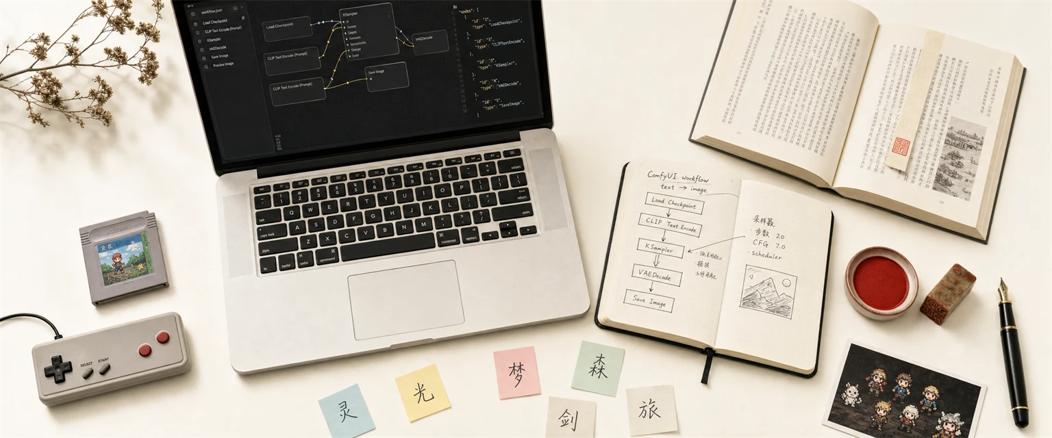 實驗室桌面 flat lay：MacBook ComfyUI workflow、手寫筆記、GameBoy、小說、朱印章、鋼筆、像素遊戲卡